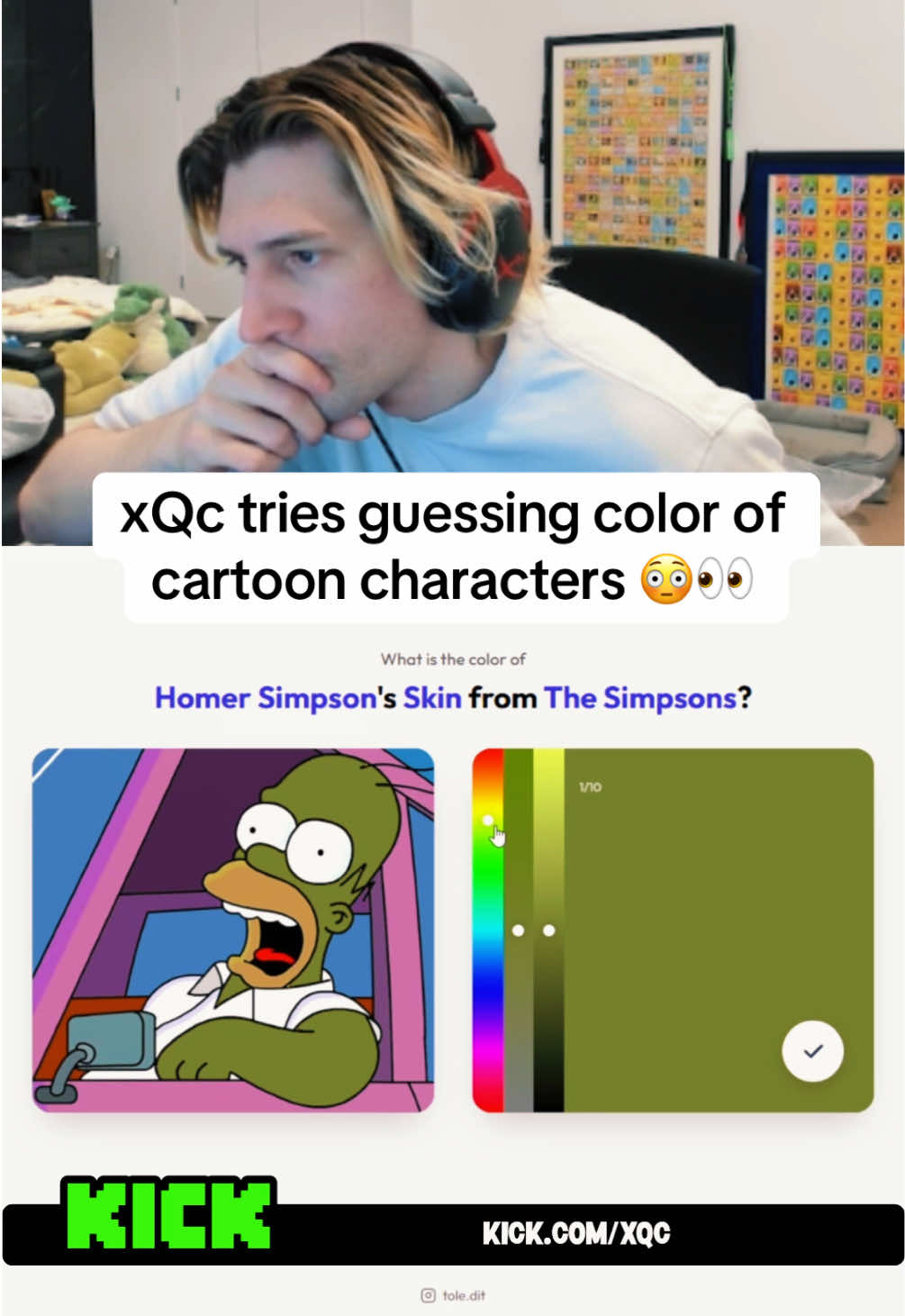 TikTok thumbnail for xQc trying to guess cartoon colors